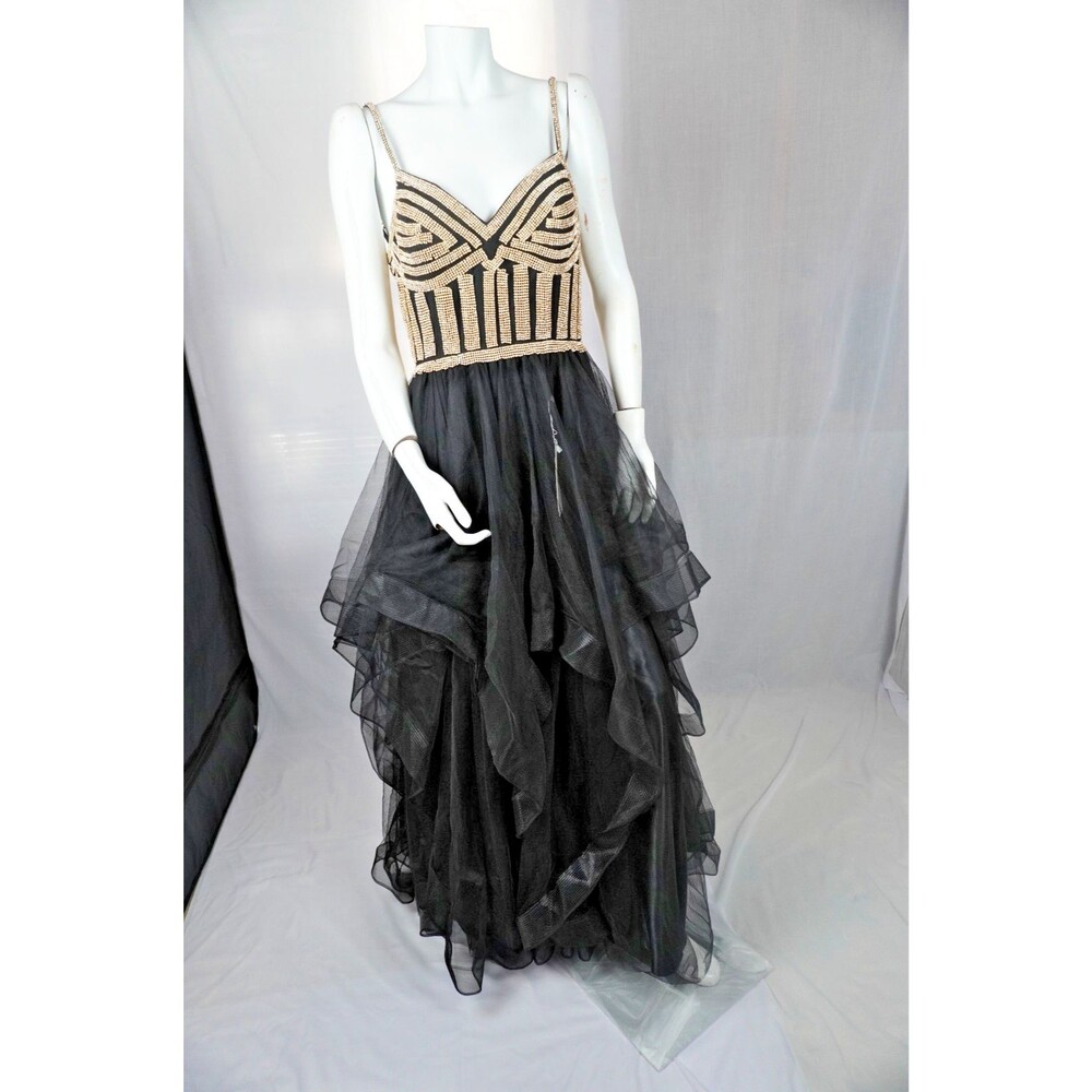 Witness Of Love Black/Gold Beaded Prom Gown Tiered Ruflle Tulle Ballgown Sz14NWT